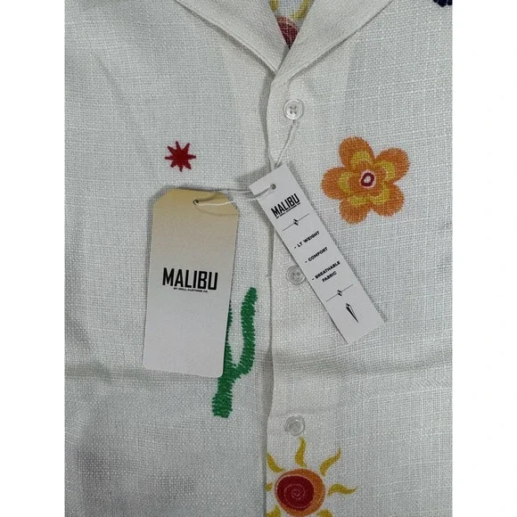 Malibu Shirt Mens Medium Ecru Button Up Lightweight Embroidered Butterflies Life - Picture 2 of 11
